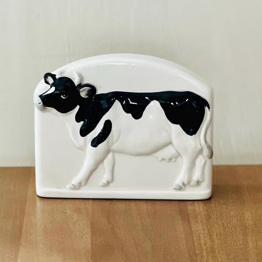 Vintage Otagiri Cow Napkin Holder Black and white‎ bull hand painted. Japan EUC